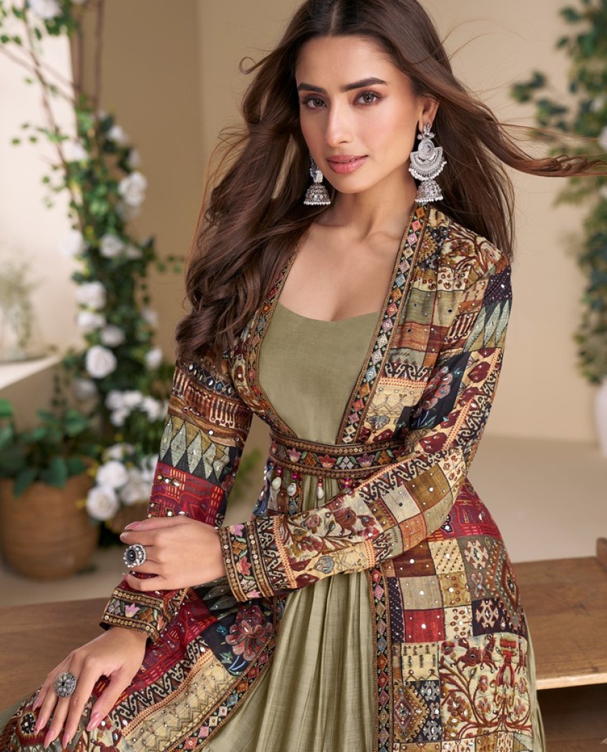 5824 - Olive-Maroon Royal Patchwork Anarkali suit 